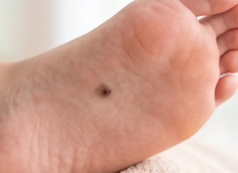 Nốt ruồi đỏ mọc khuất sâu tại khu vực vòm lõm dưới gan bàn chân của con người