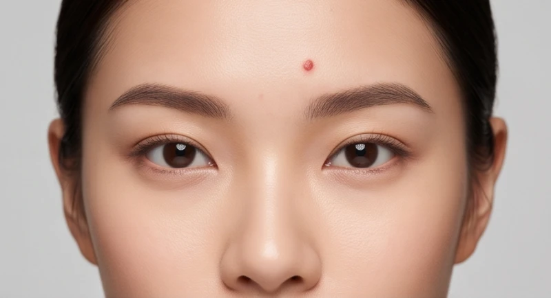 Nốt ruồi son màu đỏ hồng tươi tắn xuất hiện ở vùng trán trên khuôn mặt