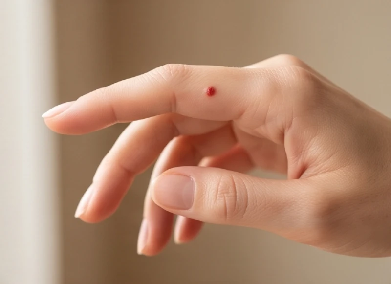 Nốt ruồi ở ngón tay trỏ: Giải mã ý nghĩa và hướng xử lý y khoa 2 Chấm nốt ruồi son đỏ rực rỡ nằm nổi bật trên đốt ngón tay trỏ
