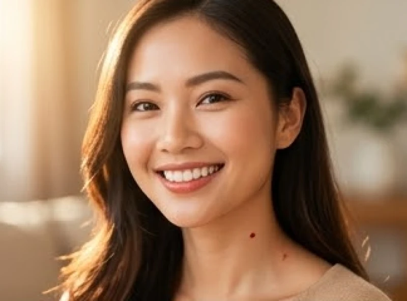 Người phụ nữ mỉm cười rạng rỡ khoe nét duyên dáng với nốt ruồi son ở cổ bên phải