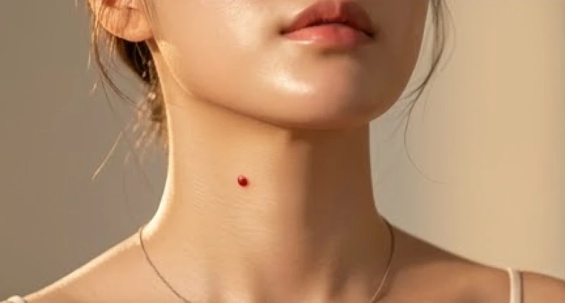 Điểm xuyết nốt ruồi son màu đỏ hồng rạng rỡ trên vùng da cổ trắng ngần của một phụ nữ trẻ