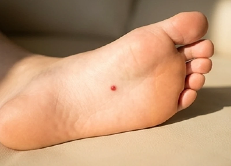 Một nốt ruồi son đỏ nổi bật trên nền da gan bàn chân khỏe mạnh