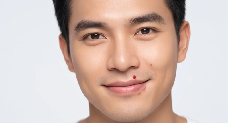 Khuôn mặt nam giới rạng rỡ với nốt ruồi son màu đỏ hồng ở môi trên biểu tượng cho sự hanh thông