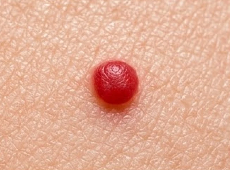Nốt ruồi son màu đỏ tươi nổi bật trên bề mặt da sáng màu không tì vết