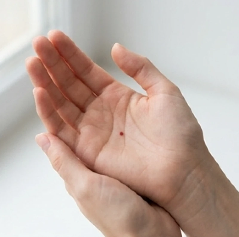 Nốt ruồi son nổi bật giữa lòng bàn tay trái của một người phụ nữ đan tay ấm áp