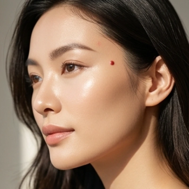 Một nốt ruồi son đỏ rực nằm nổi bật trên vùng da thái dương của người phụ nữ mang điềm báo cát tường