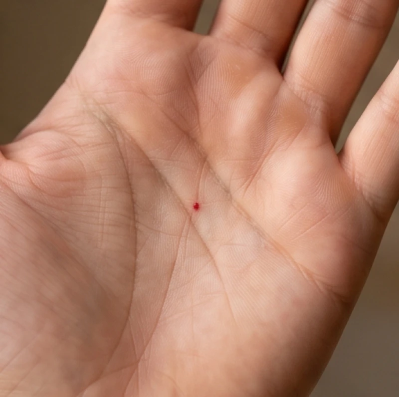 Bàn tay có các đường chỉ tay sắc nét và một nốt ruồi đỏ mọc đè lên rãnh sinh đạo nổi bật