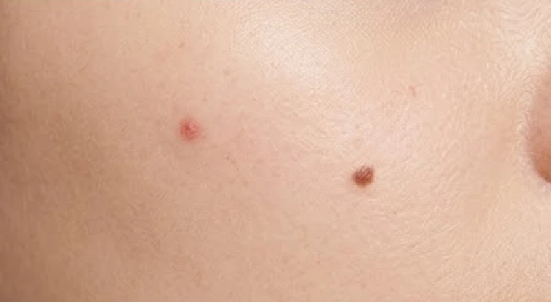 Cận cảnh so sánh nốt ruồi son đỏ tươi và nốt ruồi đen sẫm trên bề mặt da