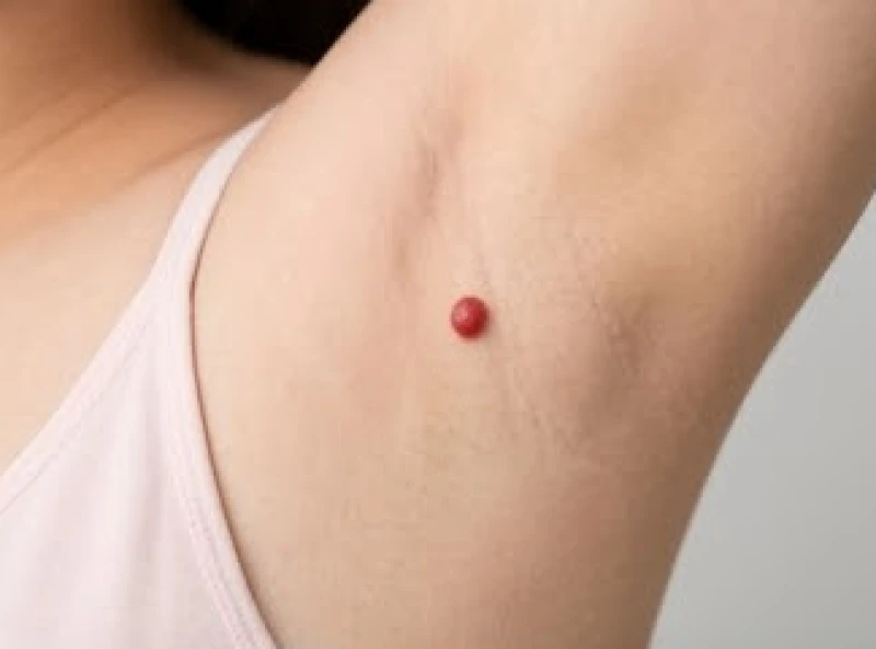 Nốt ruồi ở nách: Ý nghĩa tướng số, y khoa và chi phí tẩy laser 3 Cận cảnh nốt ruồi son đỏ nổi bật trên nền da vùng nách mịn màng của người phụ nữ