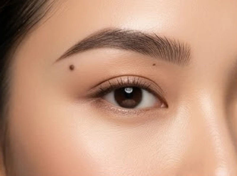 Cận cảnh nốt ruồi trên lông mày của một người phụ nữ với lớp trang điểm nhẹ nhàng