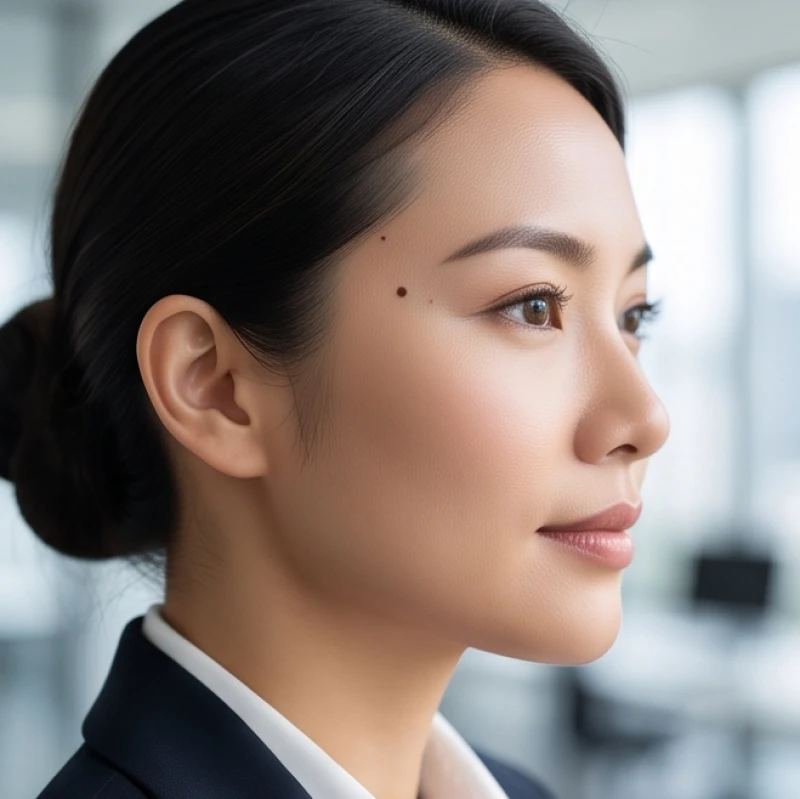 Vị trí nốt ruồi trên mặt không nên xóa & quy tắc tẩy an toàn 2 Người phụ nữ thanh lịch với nốt ruồi ở huyệt thái dương tượng trưng cho sự thông minh và cơ hội