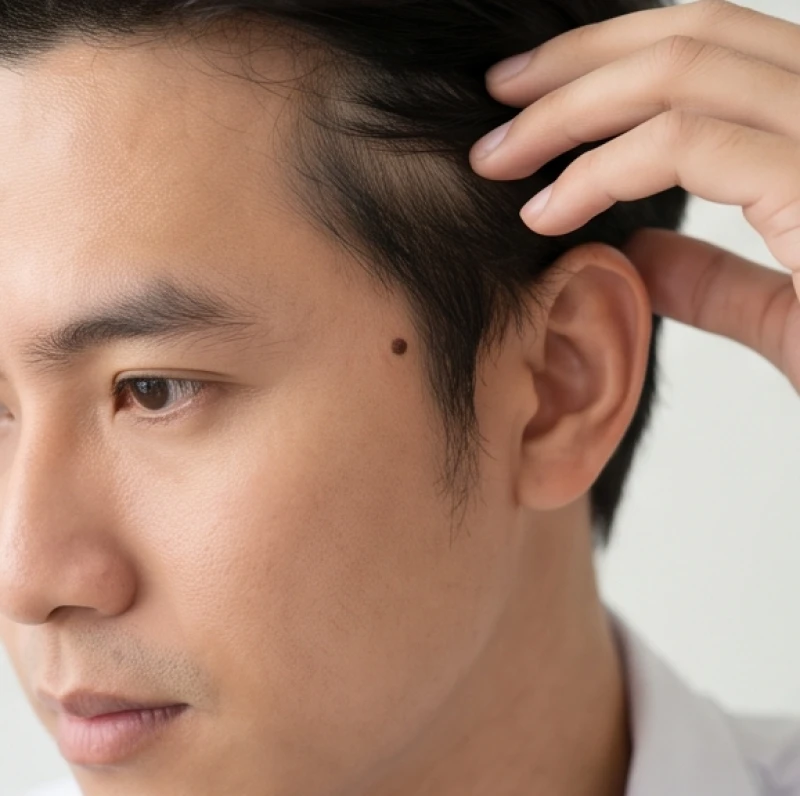 Người đàn ông dùng tay vén vùng tóc mai bên trái để lộ rõ một nốt ruồi nhỏ lấp ló sát viền khuôn mặt