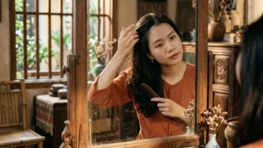 Hình ảnh người phụ nữ Việt Nam đang nhẹ nhàng rẽ lớp tóc để kiểm tra nốt ruồi trên đầu cẩn thận