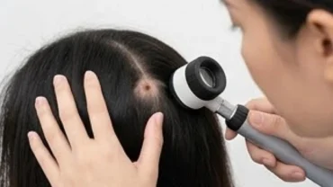 Bác sĩ dùng thiết bị chuyên biệt để phân tích nốt ruồi trên đầu của bệnh nhân một cách kỹ lưỡng