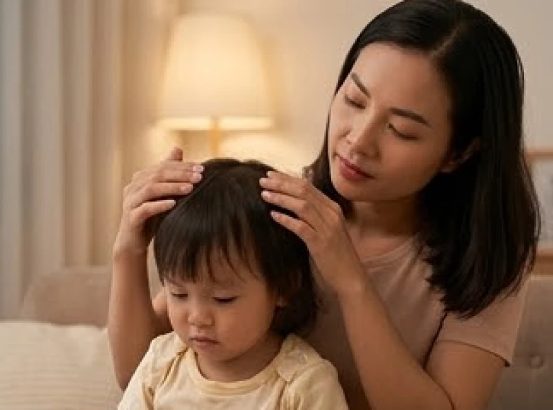 Người mẹ cẩn thận kiểm tra nốt ruồi nhỏ trên da đầu của con mình