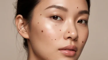 Cận cảnh khuôn mặt của một người phụ nữ Á Đông với những nốt ruồi trên khuôn mặt đặc trưng