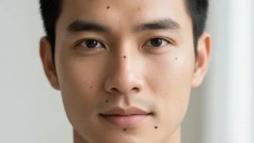 Khuôn mặt nam giới Á Đông với các điểm nốt ruồi trên mặt đàn ông giàu sang tại trán, mũi và cằm