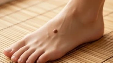Cận cảnh nốt ruồi nổi bật trên mu bàn chân của một người trưởng thành với làn da sáng khỏe