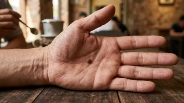 Cận cảnh một nốt ruồi trong lòng bàn tay phải nam dưới ánh sáng tự nhiên rực rỡ
