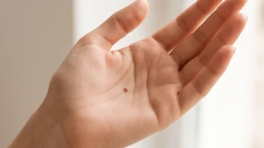 Bàn tay mở rộng để lộ một nốt ruồi trong lòng bàn tay phải nữ dưới ánh nắng ban mai