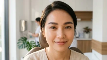 Cận cảnh khuôn mặt người phụ nữ Á Đông có nốt ruồi trong lông mày đang được chuyên gia kiểm tra da liễu thẩm mỹ