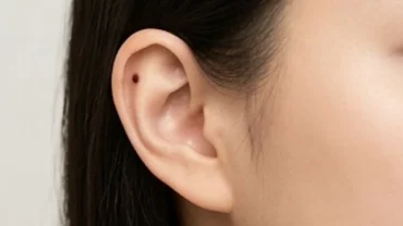 Cận cảnh nốt ruồi trong tai ở vị trí vành tai của một phụ nữ với làn da sáng khỏe