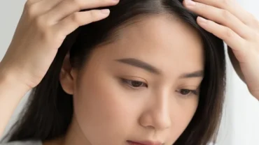 Người phụ nữ rẽ tóc kiểm tra nốt ruồi trong tóc trên da đầu dưới ánh sáng tự nhiên