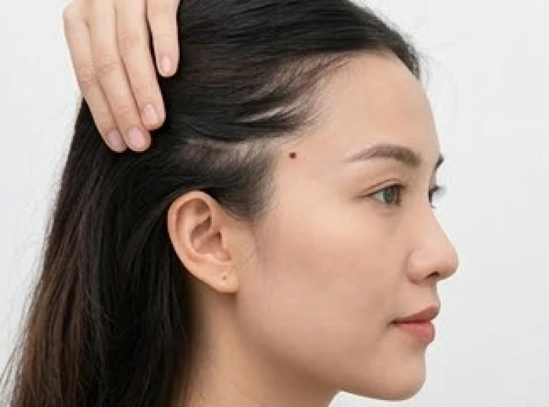 Người phụ nữ vén nhẹ lọn tóc để lộ khối sắc tố nhỏ mọc sát viền trán khu vực thái dương
