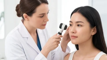 Bác sĩ da liễu đang soi khám nốt ruồi xấu trên gương mặt của một phụ nữ châu Á