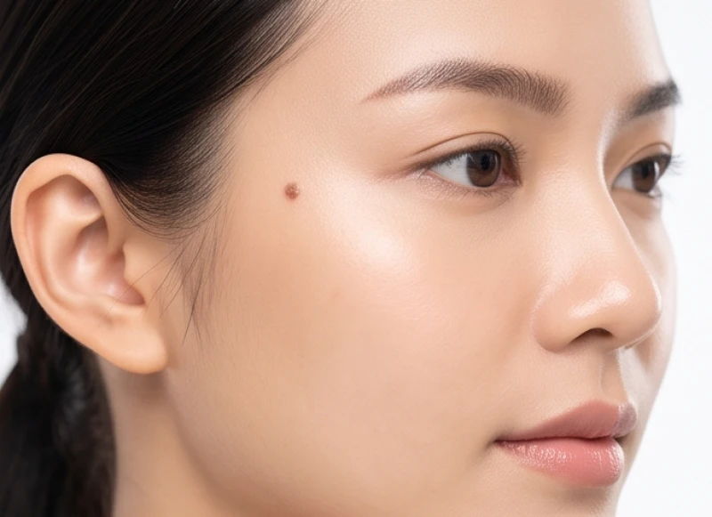 Góc nghiêng gương mặt của một phụ nữ châu Á có nốt ruồi sậm màu nằm ở khu vực thái dương gần đuôi mắt