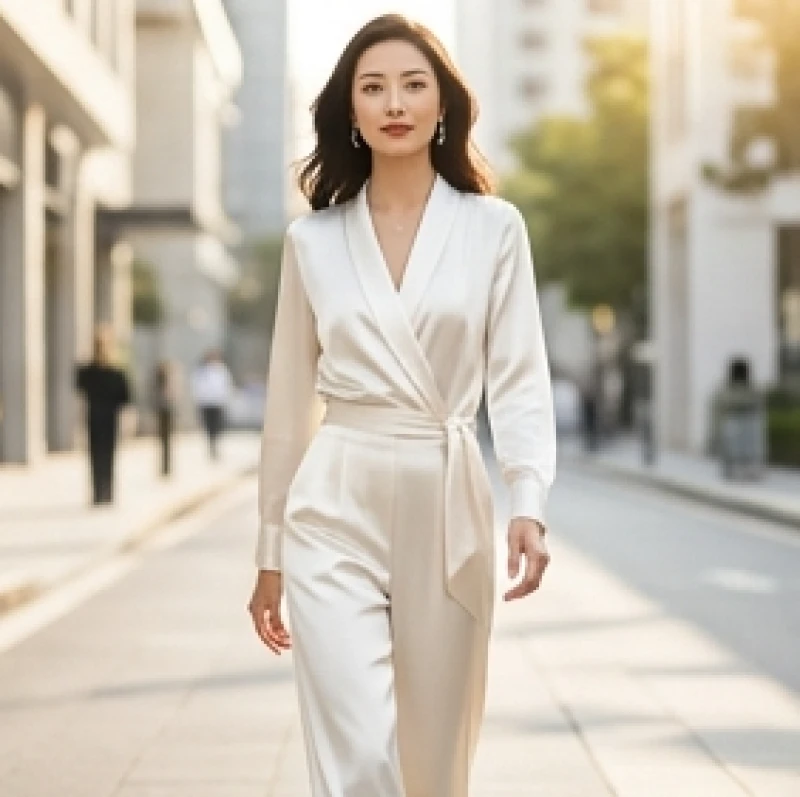 Màu trang phục hợp tuổi Sửu: Công thức phối đồ Nam Nữ chi tiết 4 Nữ giới diện set đồ monochrome màu trắng ngà bằng lụa satin tôn lên vẻ sang trọng của người mệnh Kim