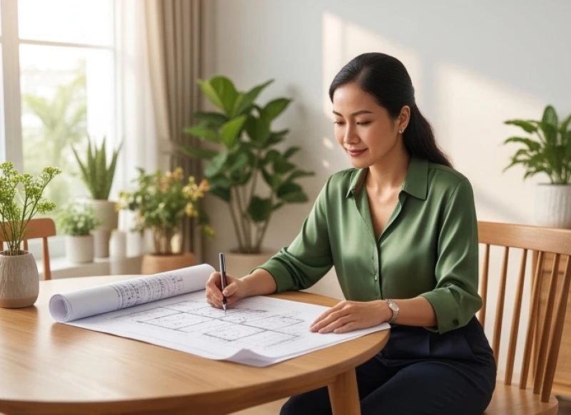 Nữ chủ nhà tự tin xem bản vẽ và chuẩn bị các thủ tục cách tính tuổi làm nhà