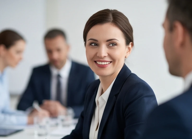 Nụ cười xã giao gượng gạo của một nữ nhân viên văn phòng trong cuộc họp kinh doanh