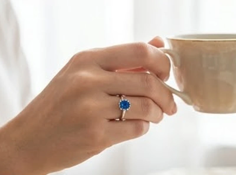 Bàn tay thanh lịch của phụ nữ đeo nhẫn đính đá lấp lánh tại vị trí ngón giữa và ngón áp út