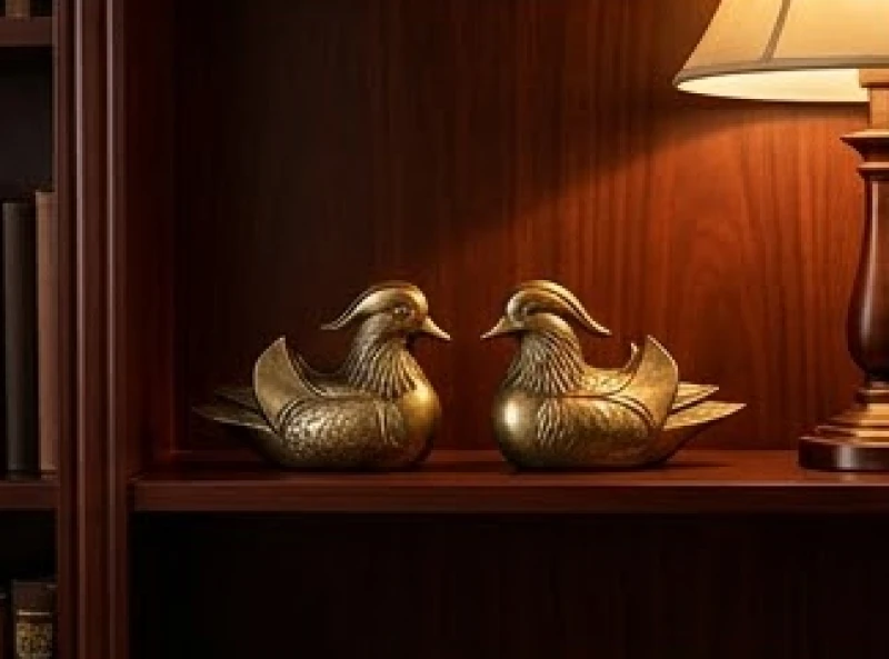 Tuổi Mão hợp kết hôn với tuổi nào: Chuẩn can chi nam nữ 5 Bức tượng đôi chim uyên ương bằng đồng đặt trên kệ sách bằng gỗ gụ trong phòng làm việc.