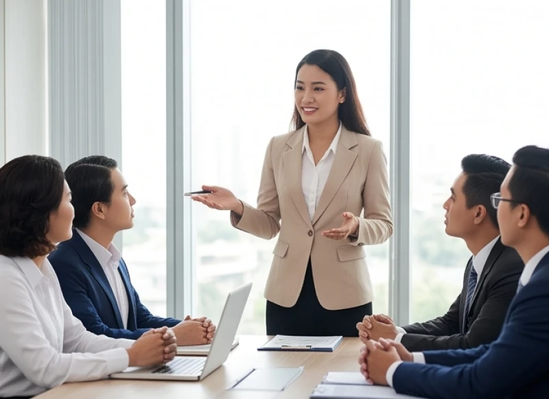 Nữ doanh nhân khéo léo đàm phán hợp đồng trong khi đối tác nam điềm tĩnh kiểm soát rủi ro vận hành