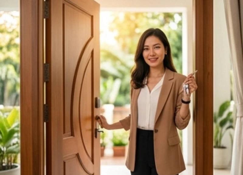 Nữ gia chủ đang đứng trước cửa chính căn hộ chung cư tràn ngập ánh sáng tự nhiên