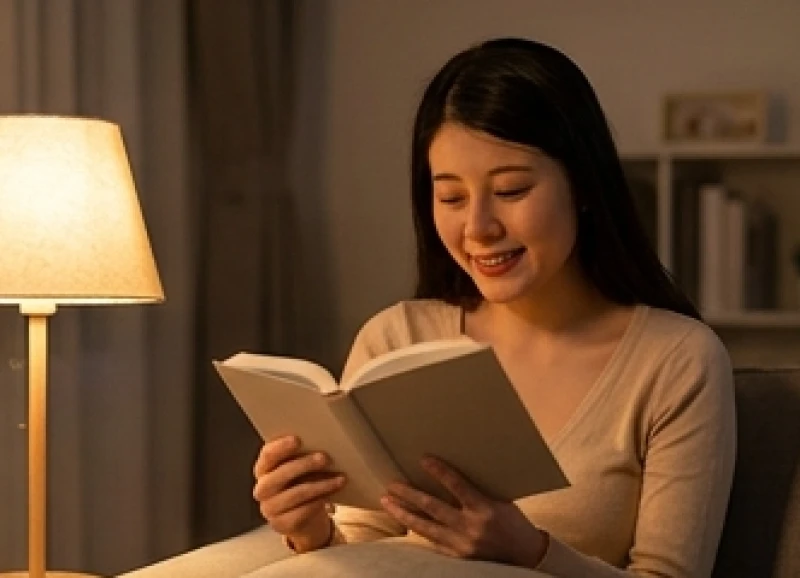 Người phụ nữ mỉm cười nhẹ nhàng khi đọc sách vào buổi tối muộn tại phòng khách gia đình êm ấm