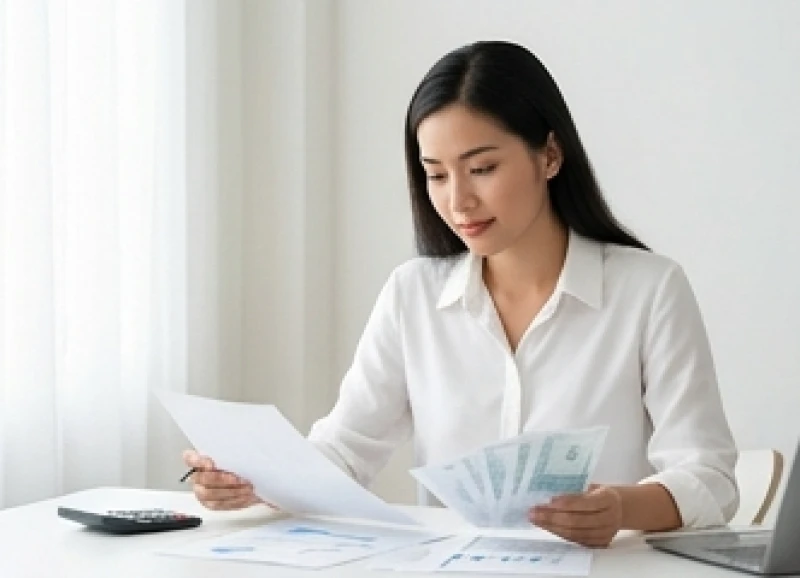 Người phụ nữ mặc áo sơ mi trắng đang ghi chép sổ sách và mỉm cười tự tin bên bàn làm việc