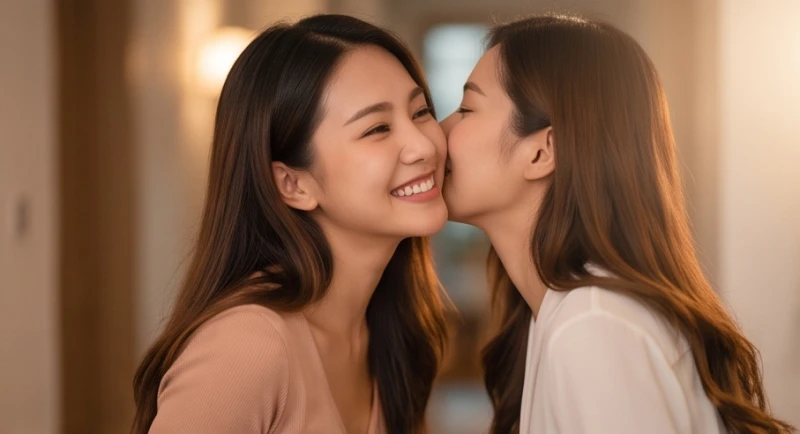 Hai người bạn mỉm cười rạng rỡ khi trao nhau nụ hôn má nhẹ nhàng thể hiện sự quý mến và công nhận