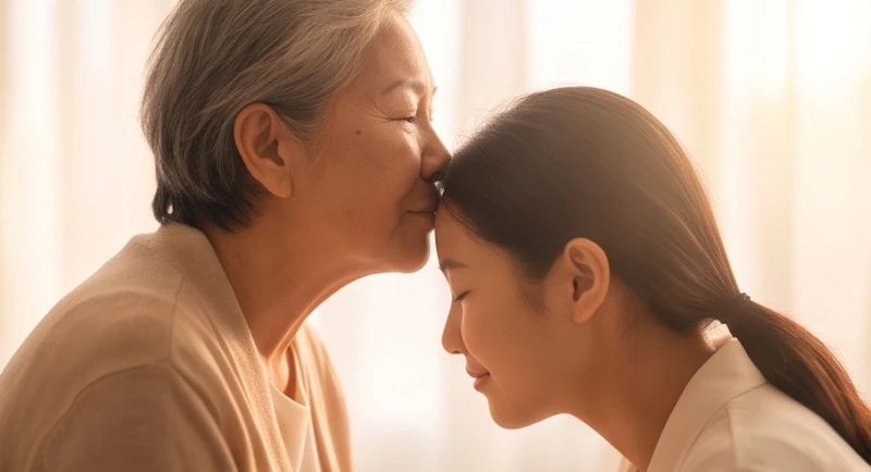 Người lớn tuổi hiền từ nhẹ nhàng đặt nụ hôn lên trán một người trẻ tuổi mang lại cảm giác bình yên