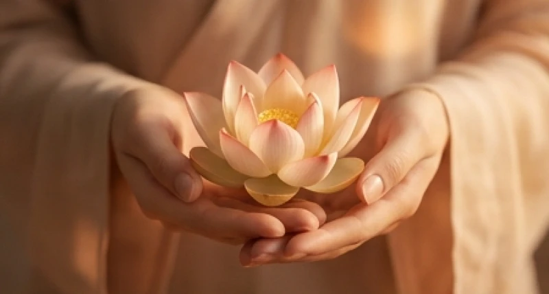 Đôi bàn tay mềm mại nâng niu một bông hoa sen nở rộ rực rỡ dưới ánh sáng ban mai dịu nhẹ
