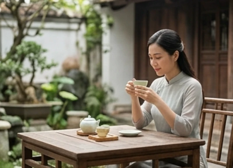 Người phụ nữ tĩnh tâm uống trà để cân bằng cảm xúc khi gặp sao Kế Đô chiếu mệnh