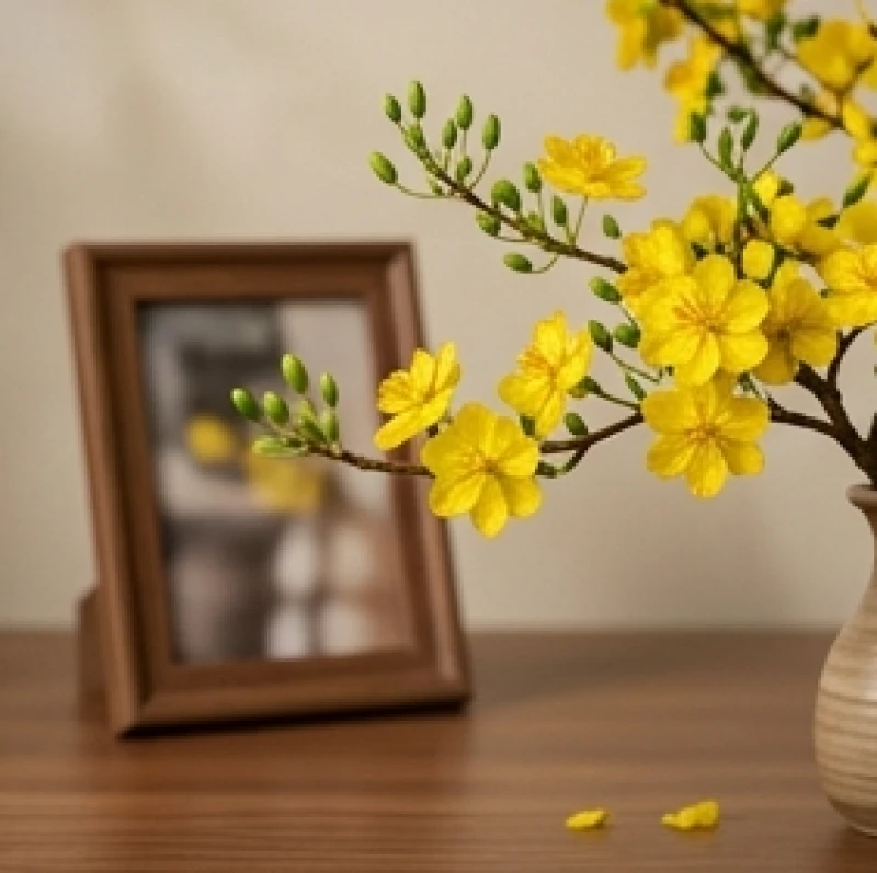Khung ảnh gia đình và một cành hoa mai vàng rực rỡ thể hiện sự bình yên trong gia đạo của nữ mạng tuổi Hợi