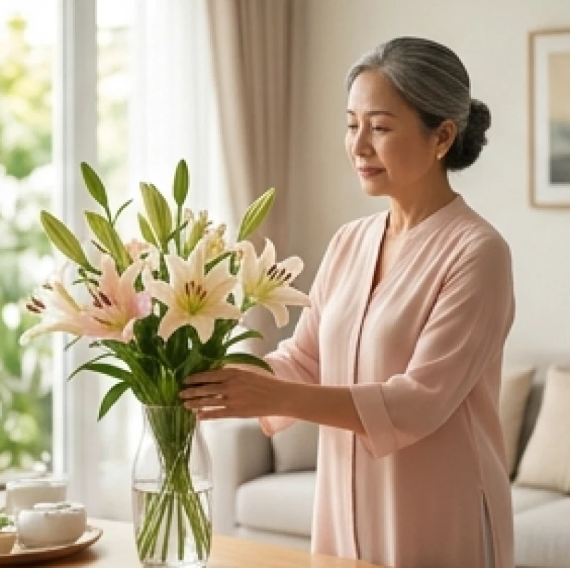 Người phụ nữ dịu dàng đang chăm chút cắm hoa trong không gian tổ ấm tĩnh lặng và ngập tràn ánh sáng mát