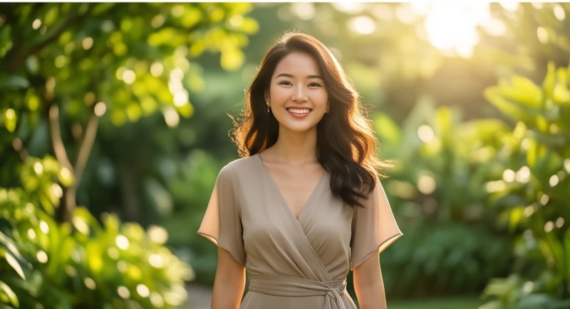Cô gái trẻ mỉm cười tự tin dạo bước trong khu vườn ngập nắng