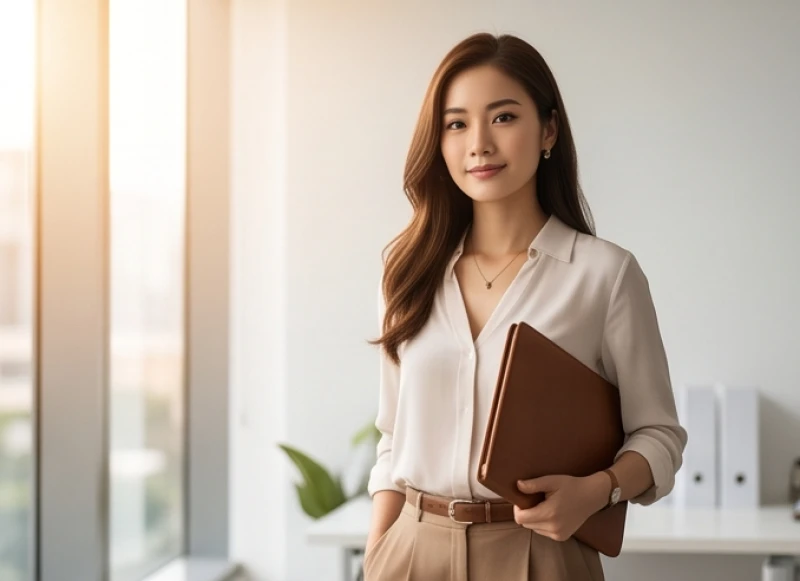 Nữ doanh nhân tự tin sải bước trong không gian làm việc chuyên nghiệp
