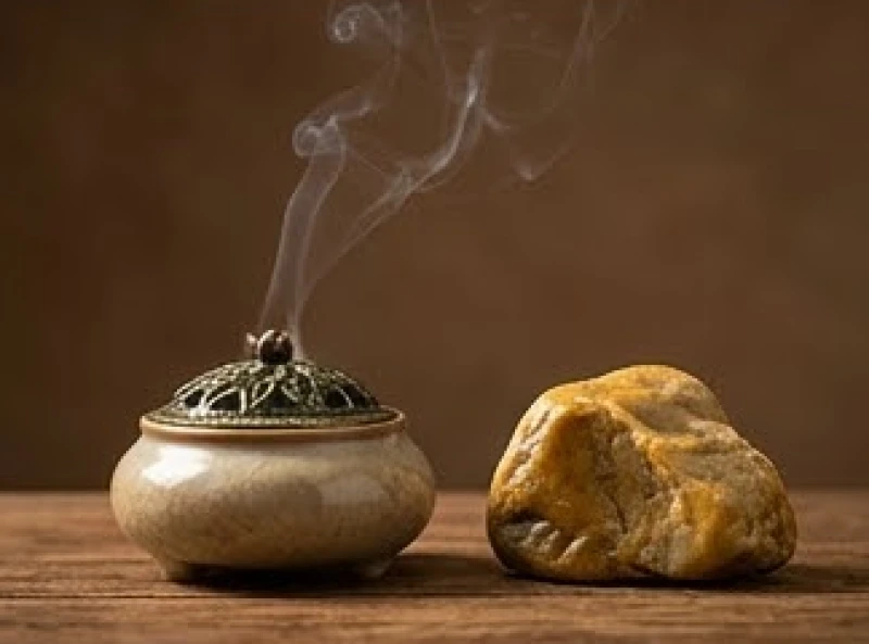 Lò hương gốm nhỏ tỏa khói mỏng manh đặt cạnh phiến đá tự nhiên màu vàng nâu mang hành Thổ