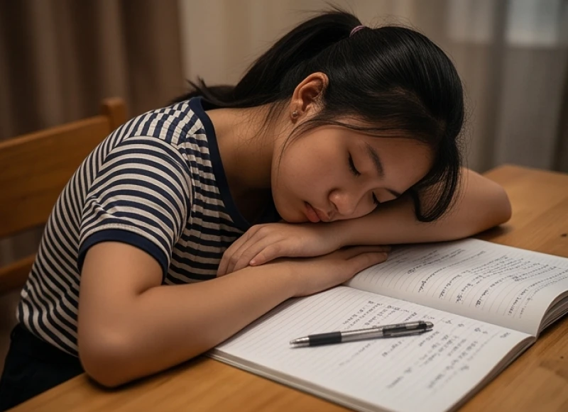 Nữ sinh Quý Tỵ cảm thấy mệt mỏi và kiệt sức gục đầu xuống bàn học do ảnh hưởng của hạn Diêm Vương