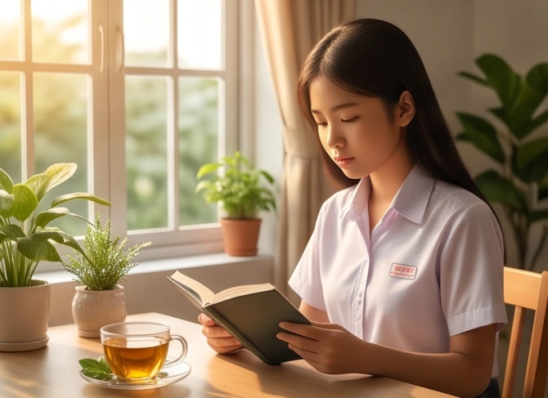 Tử vi tuổi Nhâm Thìn 2012 năm 2026: sao hạn và lịch thi cử 4 Nữ sinh sinh năm 2012 ngồi tĩnh tâm đọc sách bên cạnh cửa sổ đón ánh nắng